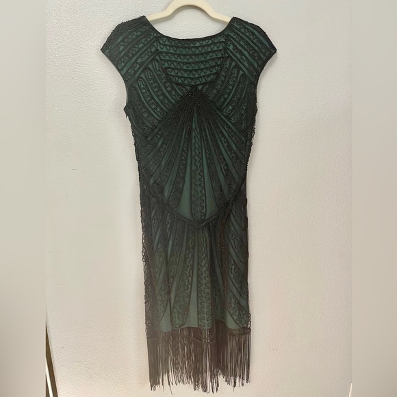 20’s Flapper Beaded Cocktail Green and Black Dress Fringe Cap Sleeve Size S - Picture 6 of 13